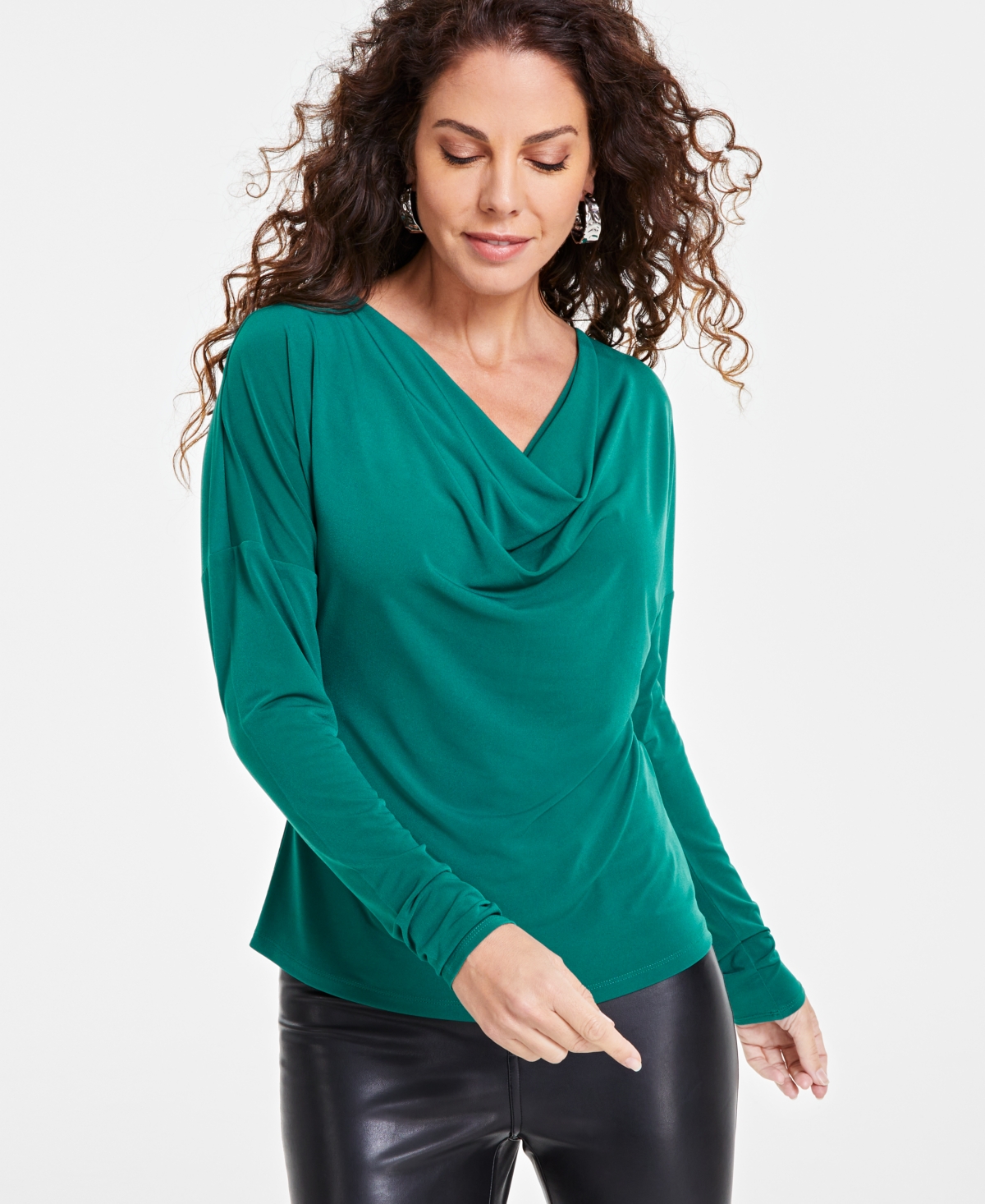 I.n.c. International Concepts Women's Cowl-Neck Long-Sleeve Top, Created for Macy's - Green Tourmalin