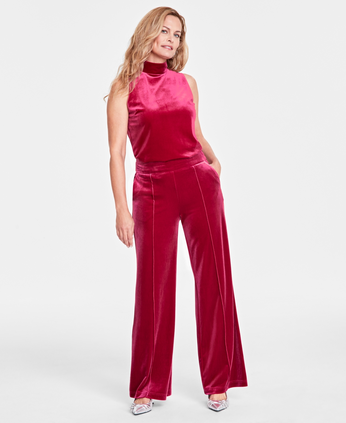 I.n.c. International Concepts Women's High-Rise Velvet Wide-Leg Pants, Regular & Petite, Created for Macy's - Autumn Crimson