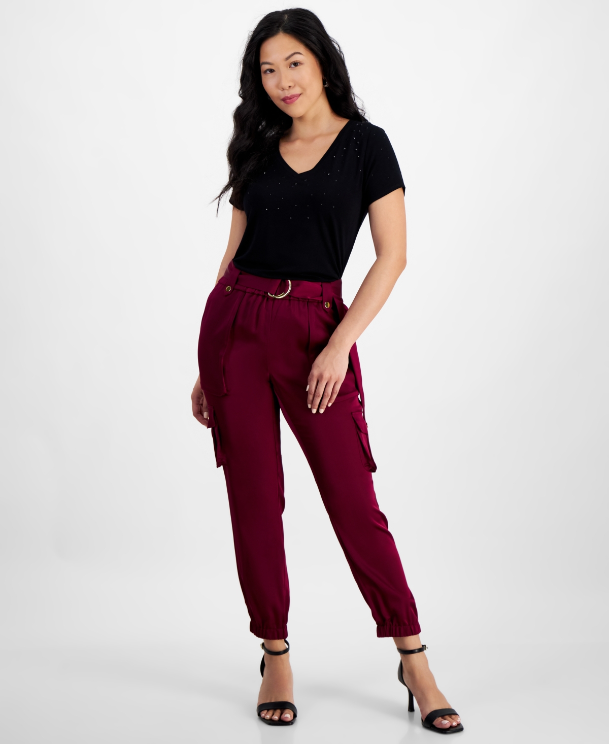 I.n.c. International Concepts Women's Petite High-Rise Belted Satin Cargo Pants, Created for Macy's - Rhodolite