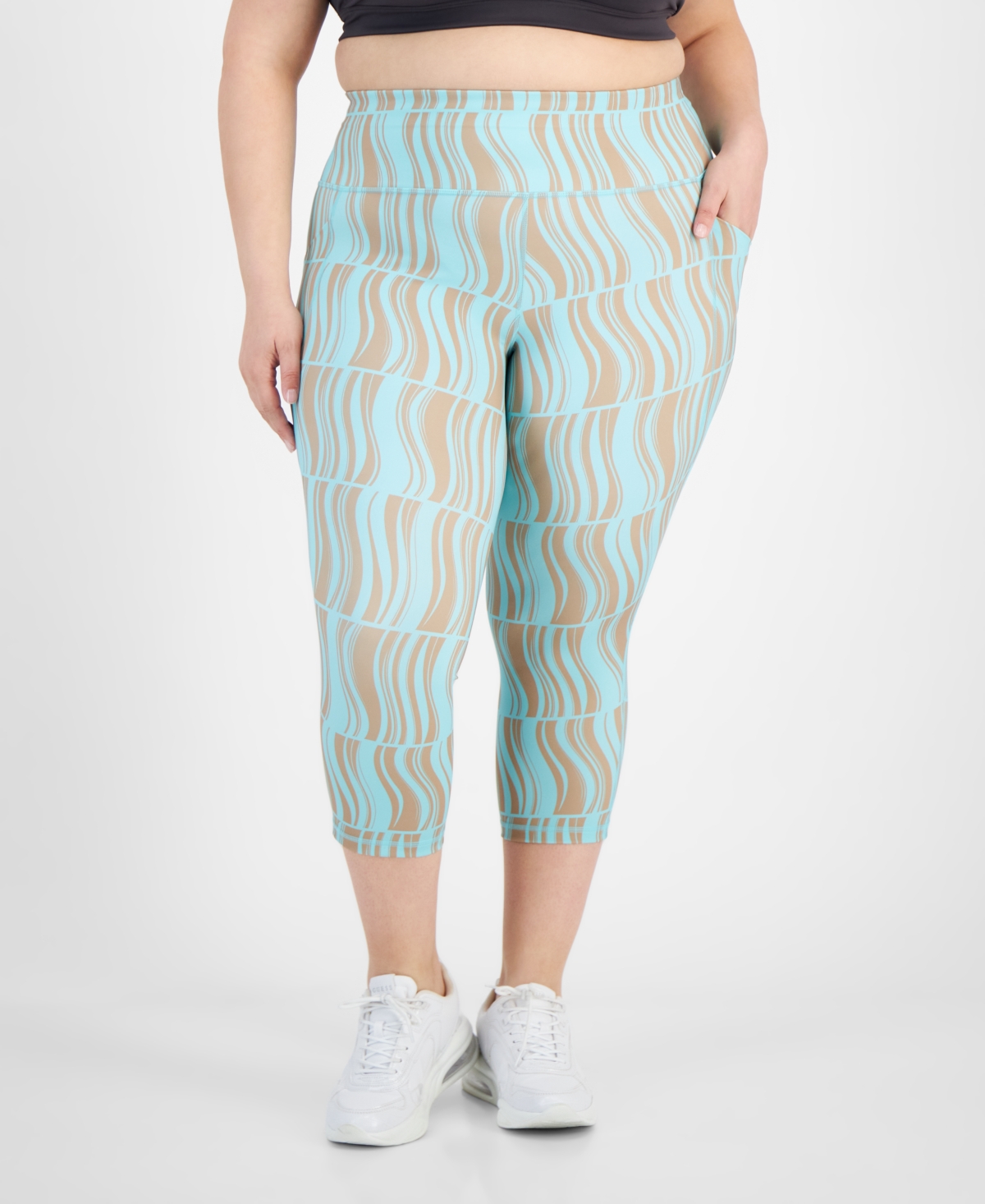 Id Ideology Plus Size Wavy Geo Printed High Rise Crop Leggings, Created for Macy's - Ocean Sigh