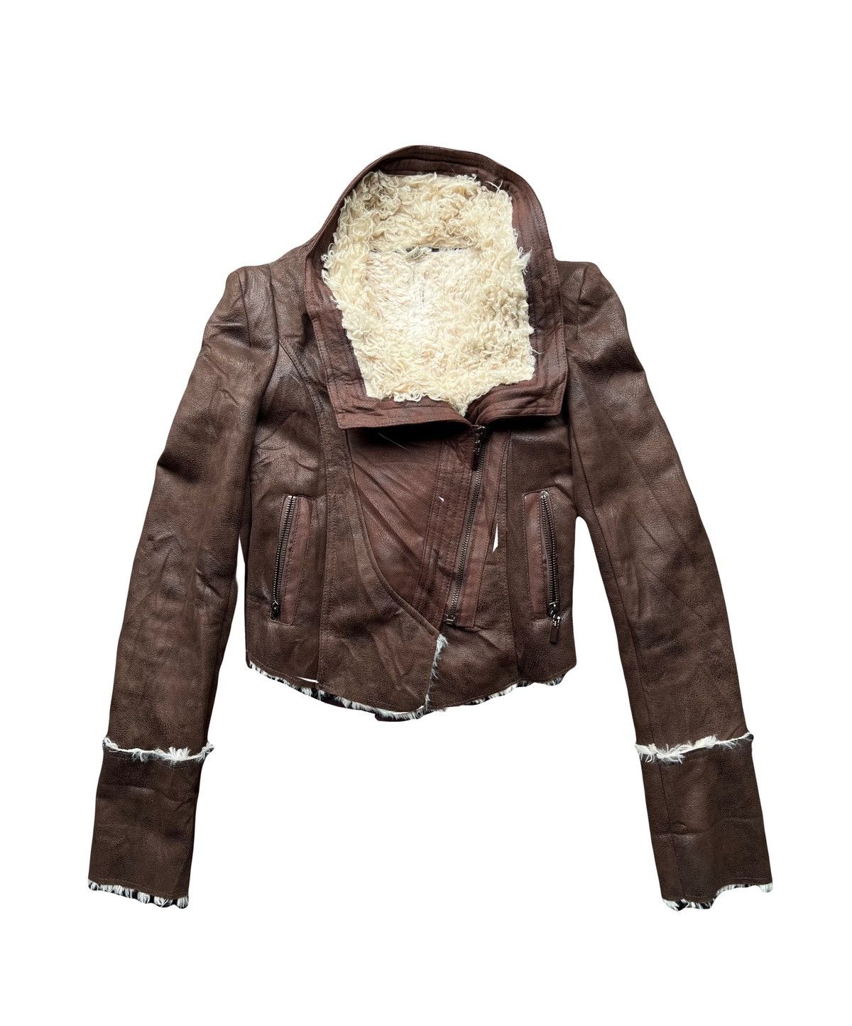 If Six Was Nine x Mink Fur Coat Vintage Brown Shearling Bike Leather Jacket, Women's (Size Medium)