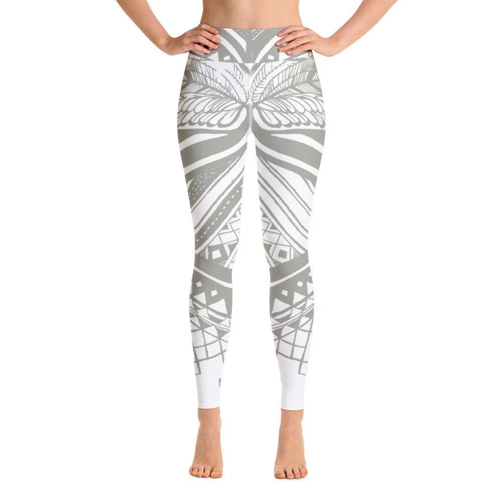 Iffi Creations Pappilon Yoga Leggings | Printed Designed Khaki & White Festival Tights Activewear