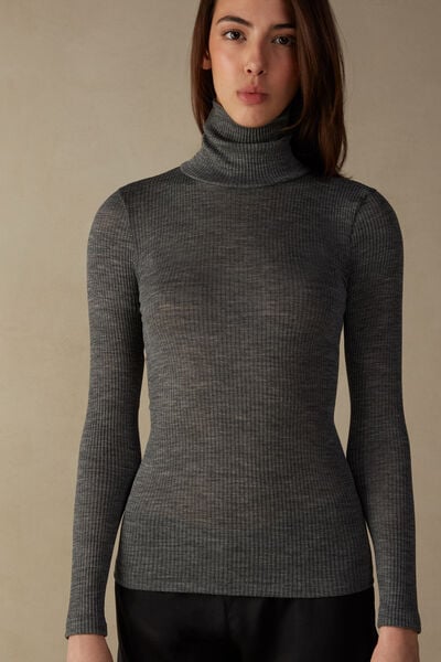 Intimissimi Long-sleeve High-Neck Tubular Top in Wool and Silk Woman Grey Size S