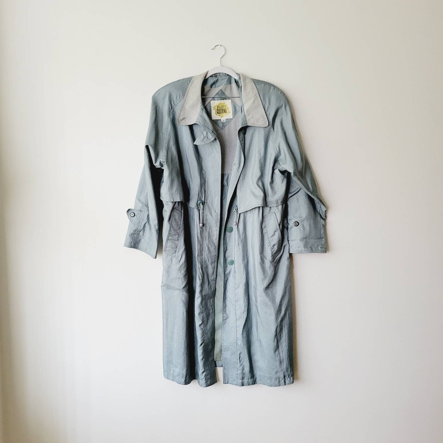 Iridescent Grayish Blue Longline Trench Coat. Lightweight Pastel Overcoat With Drawstring Waist. Bold Vintage Oversized Streetwear