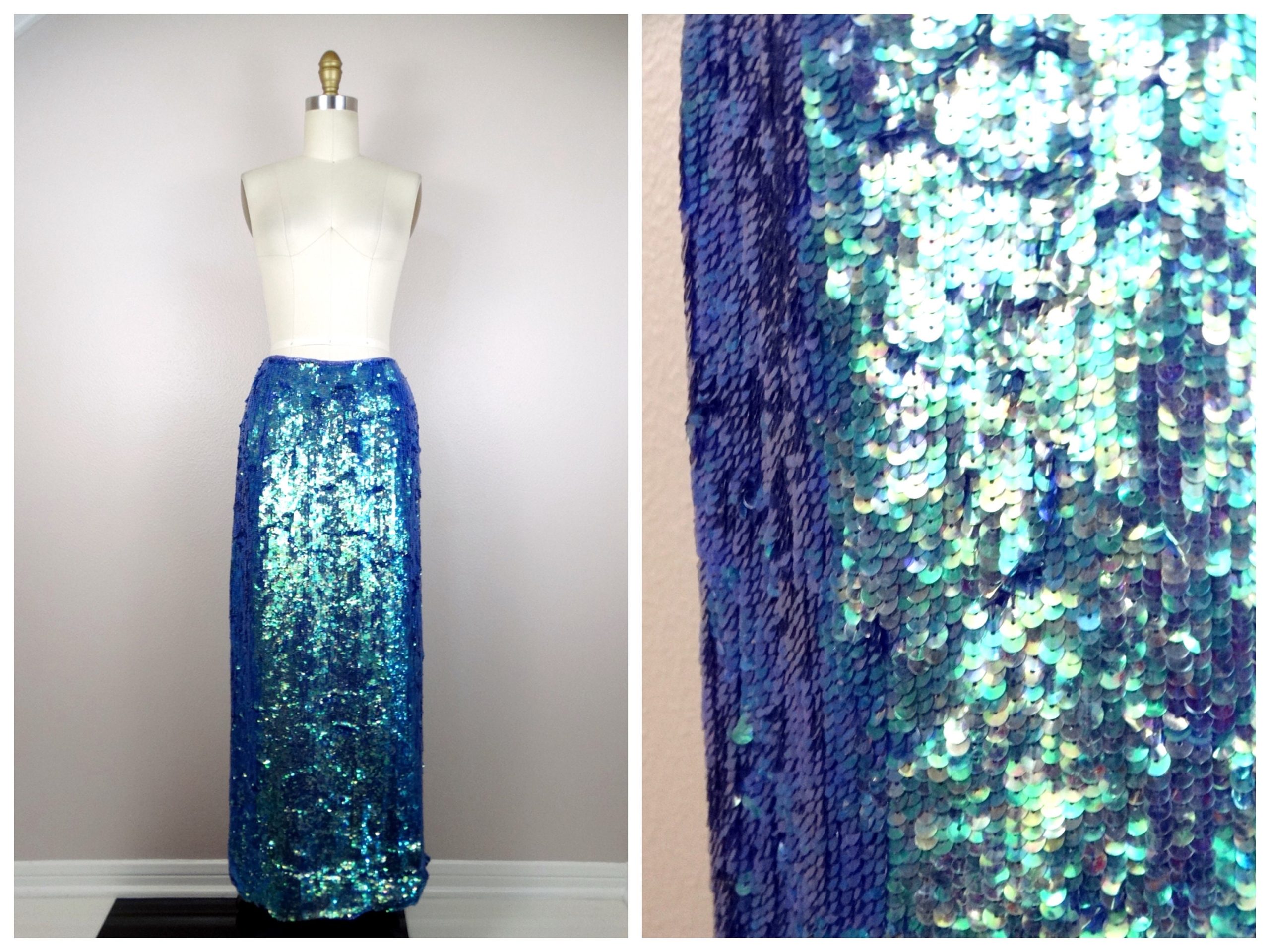 Iridescent Sequin Maxi Skirt/Purple Blue Green Color-Changing Chameleon Mermaid Sequined Embellished