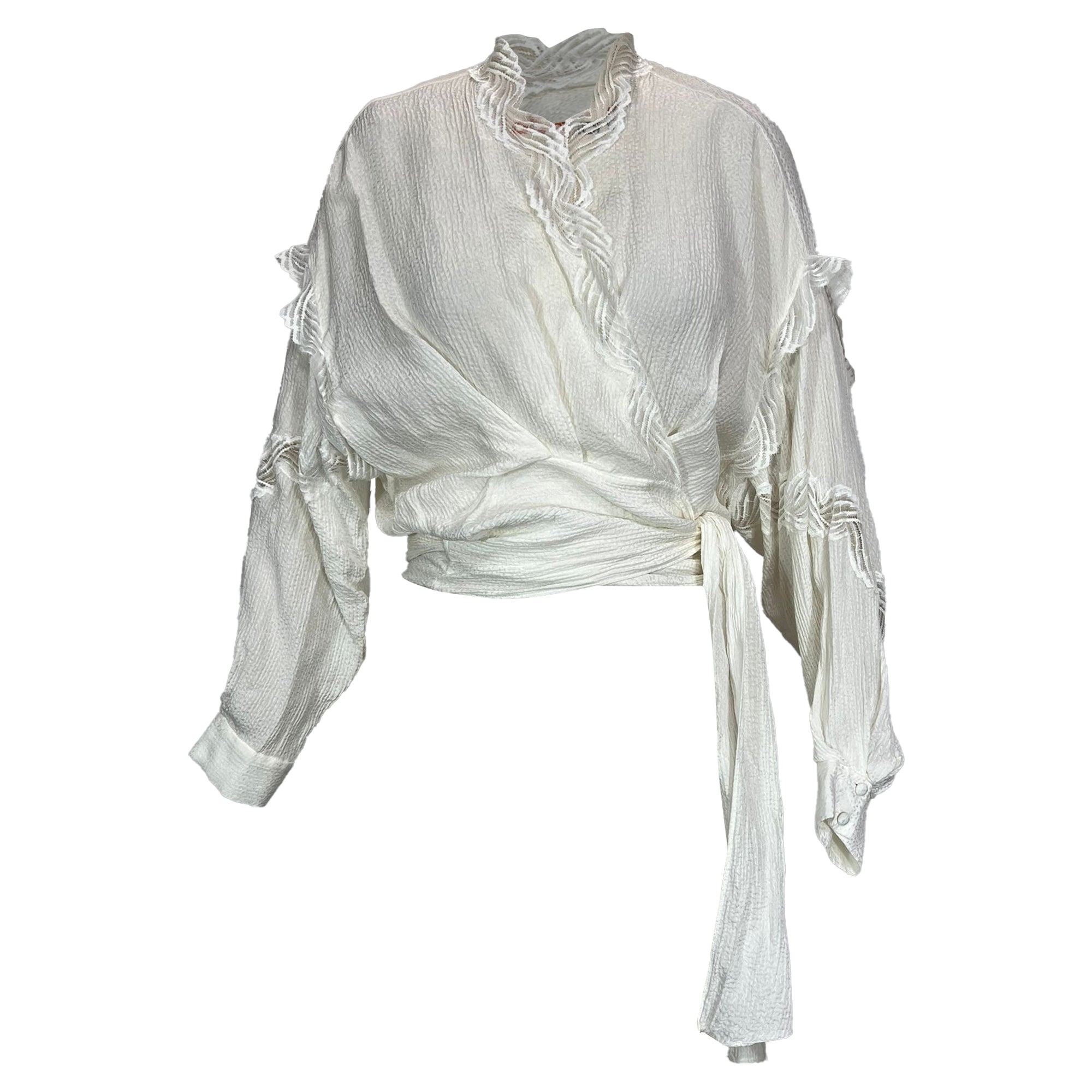 Iro Jarl Lace-Trimmed Satin-Jacquard Wrap Top in White Viscose