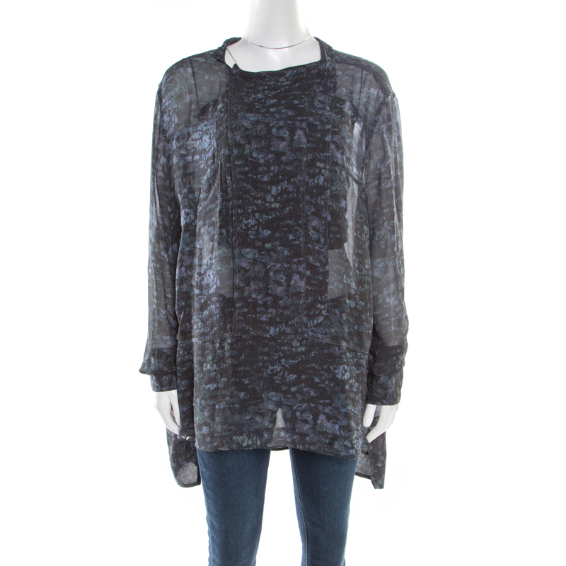 Isabel Marant Ash Black Abstract Print Sheer Silk Tunic Top L