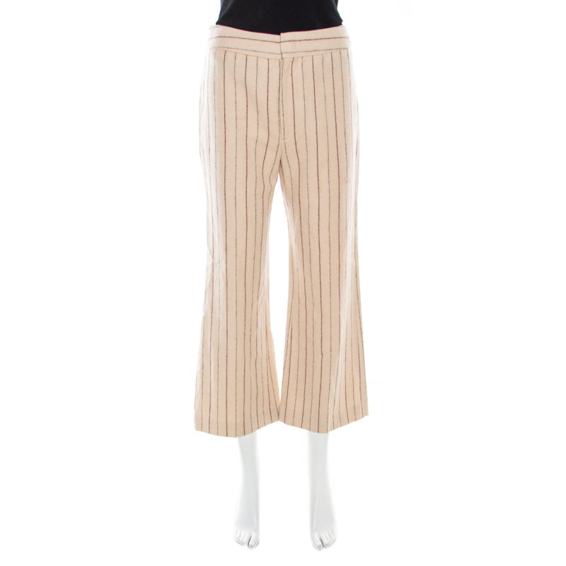 Isabel Marant Beige Striped Linen and Wool Flared Keroan Cropped Pants S