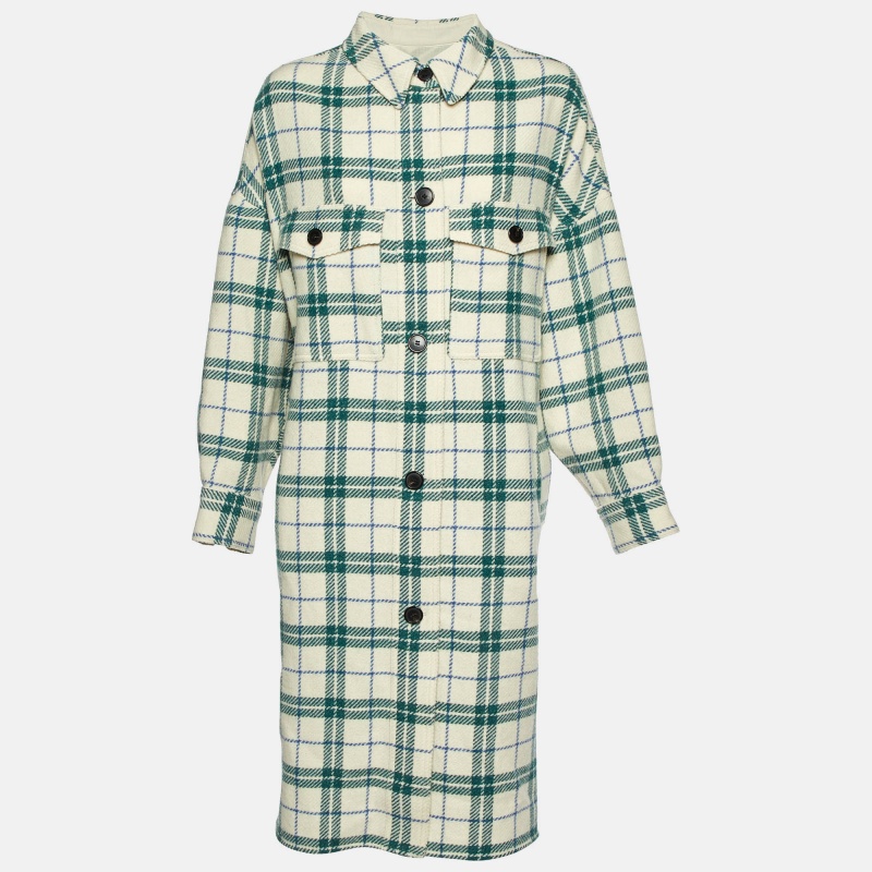 Isabel Marant Etoile Ivory White Faxon Plaid Wool Drop Shoulder Long Coat XS