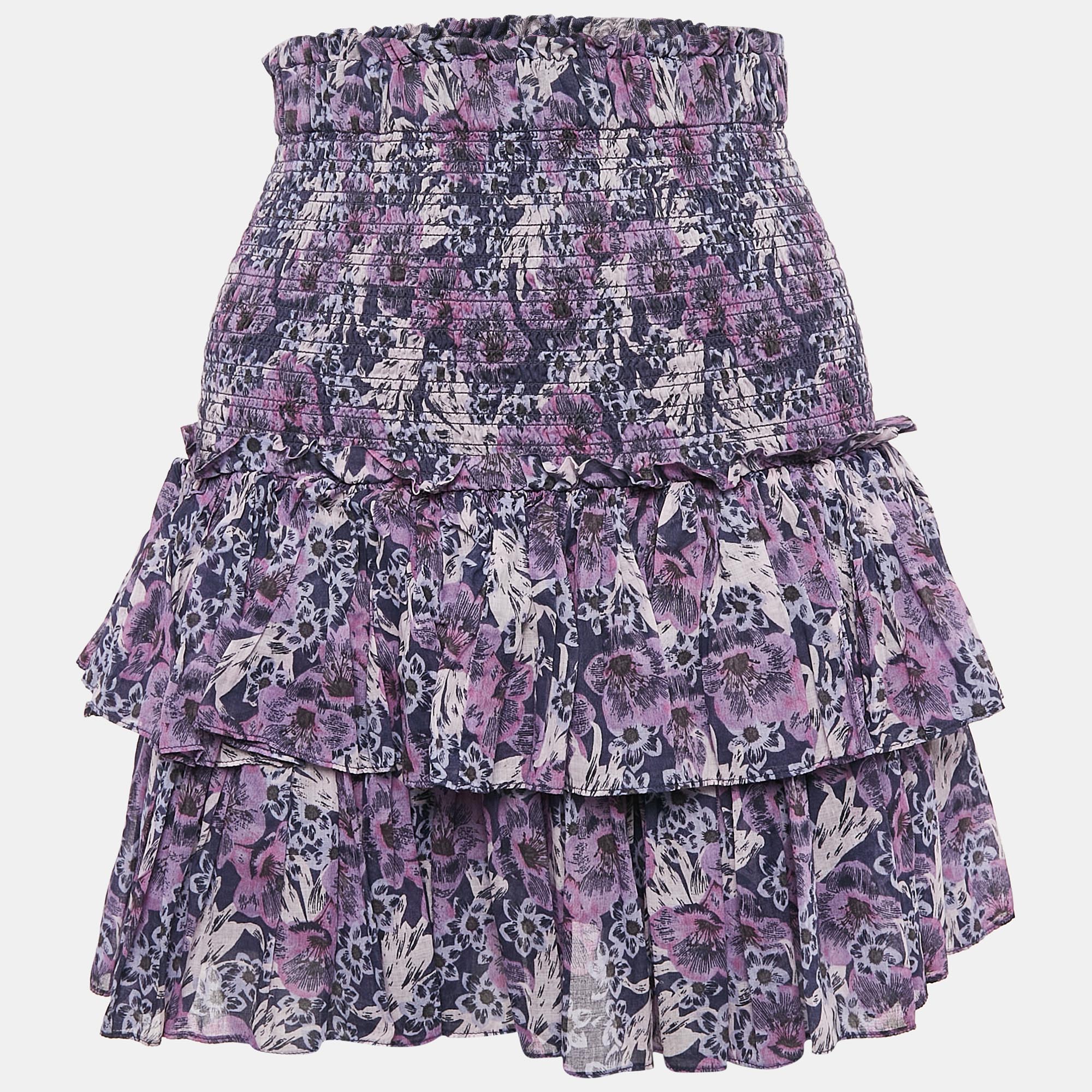 Isabel Marant Etoile Purple Floral Print Cotton Naomi Shirring Tiered Mini Skirt S