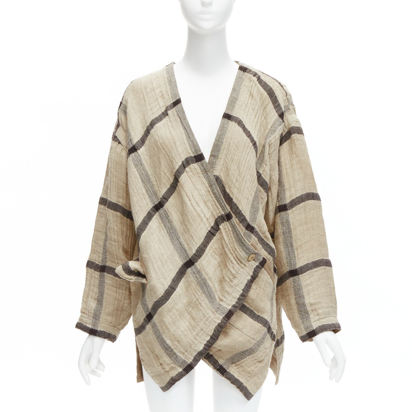 Issey Miyake 1980S Vintage Beige Black Check Wrap Front Oversized Crinkle Coat Jp9, Women's