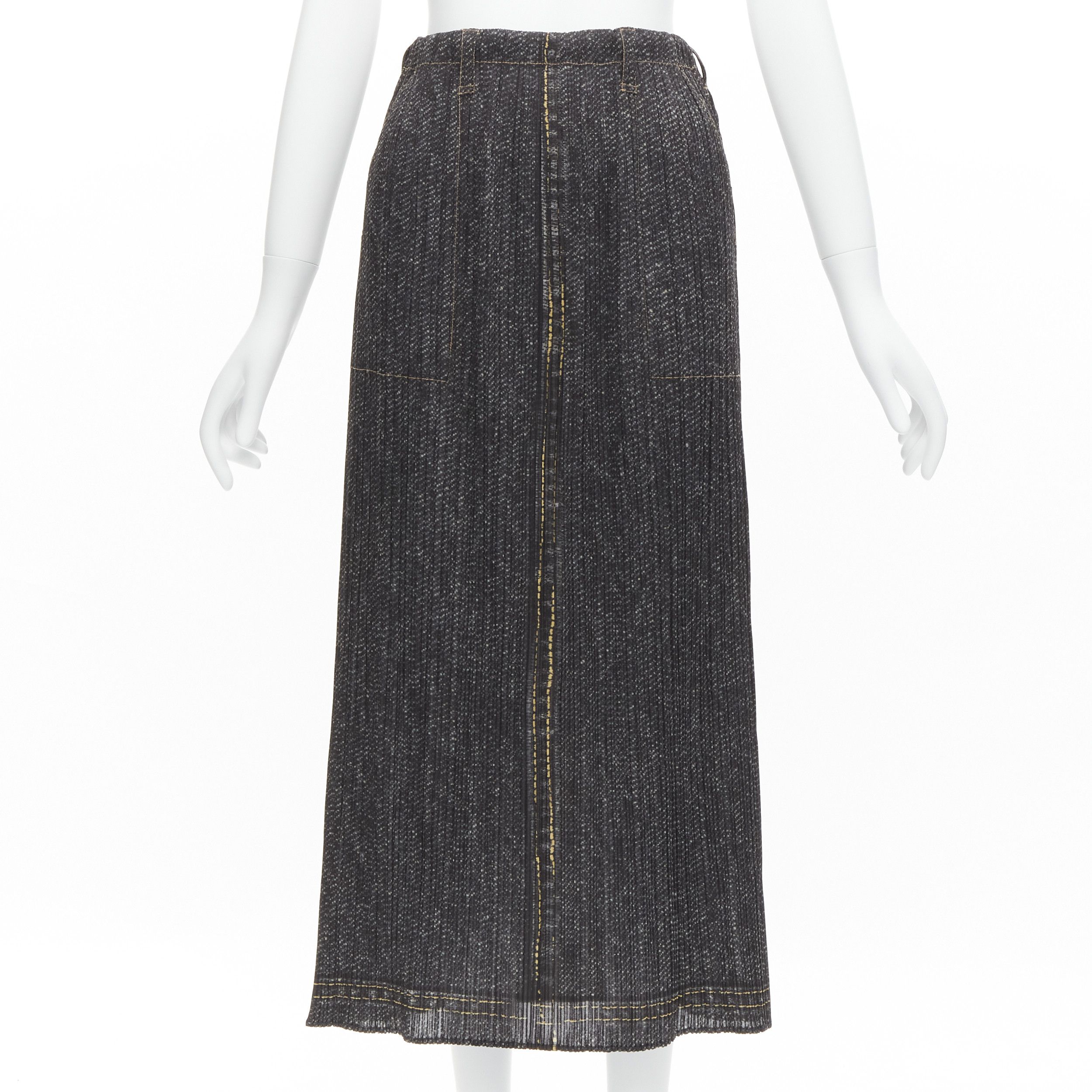 Issey Miyake Pleats Please Yellow Overstitched Blue Denim Tromp Loeil Skirt Jp2, Women's (Size 28)