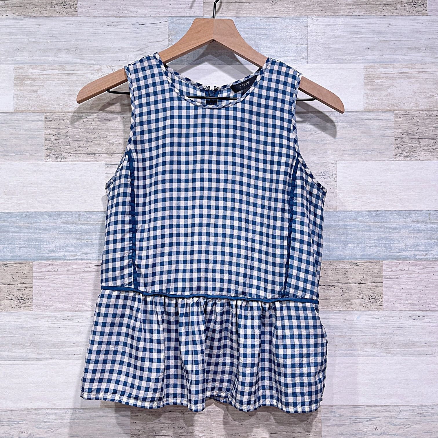 J Crew 100% Silk Gingham Ruffle Hem Peplum Top Blue White 0, Women's (Size XS)