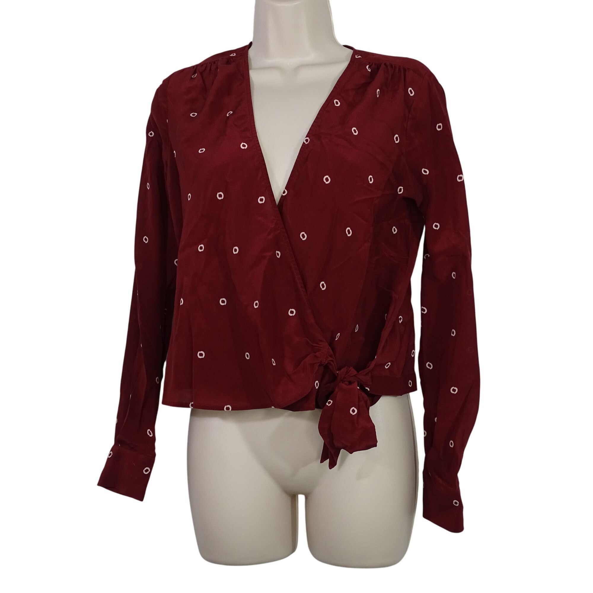 J Crew Burgundy Red Wrap Printed Silk Blouse Top Size Xs, Women's