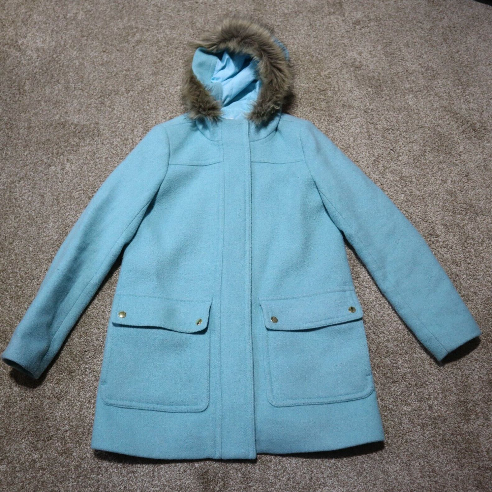 J Crew J.crew Parka Jacket Blue Zip Up Hooded Flax Fur Women's Size 2 in White