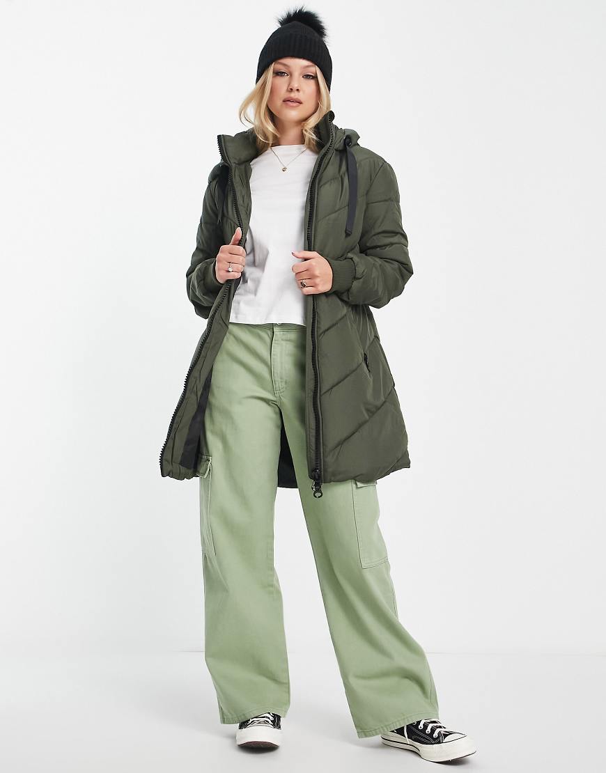 JDY chevron hooded padded coat in khaki-Green