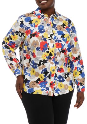 JONES NEW YORK Women's Plus Size Printed Oversized Button Blouse, White, 1X