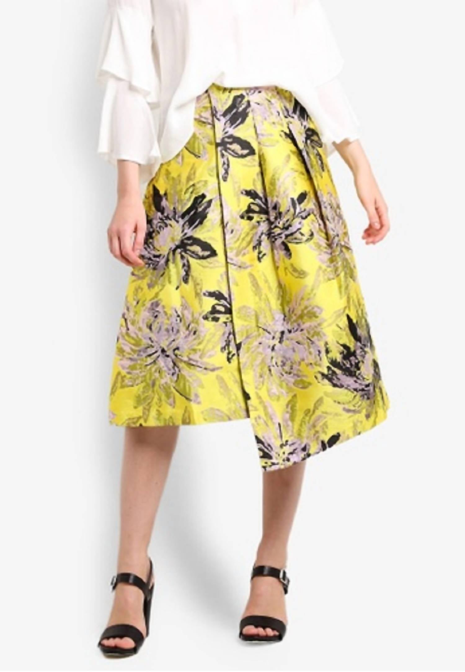 Jacquard Floral Midi Asymmetrical Midi Skirt In Yellow