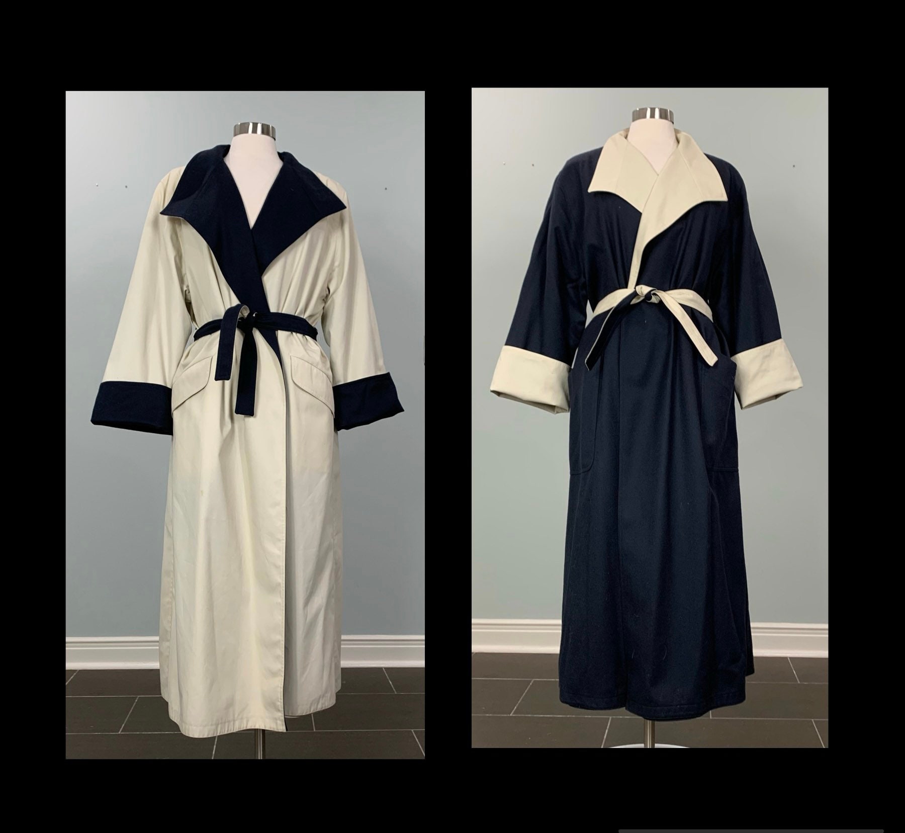 Jaeger Beige & Navy Blue Reversible Oversized Trench Coat - Up To Size 14/16 90S