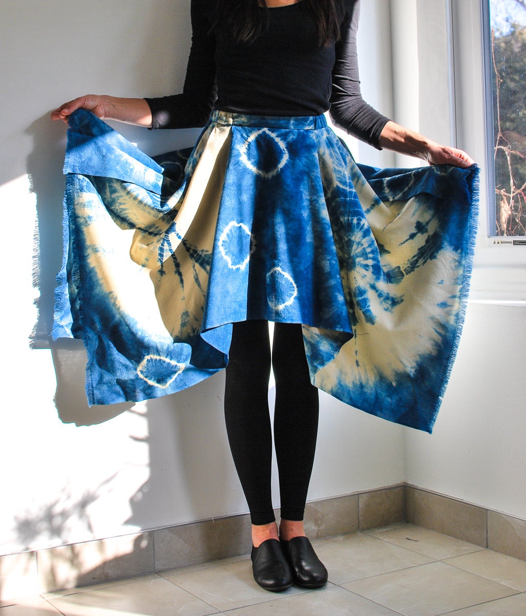 Japanese Indigo Shibori Wool Skirt With Asymmetric Hem/Bohemian Hand Dyed Plant Midi Flowing Boho