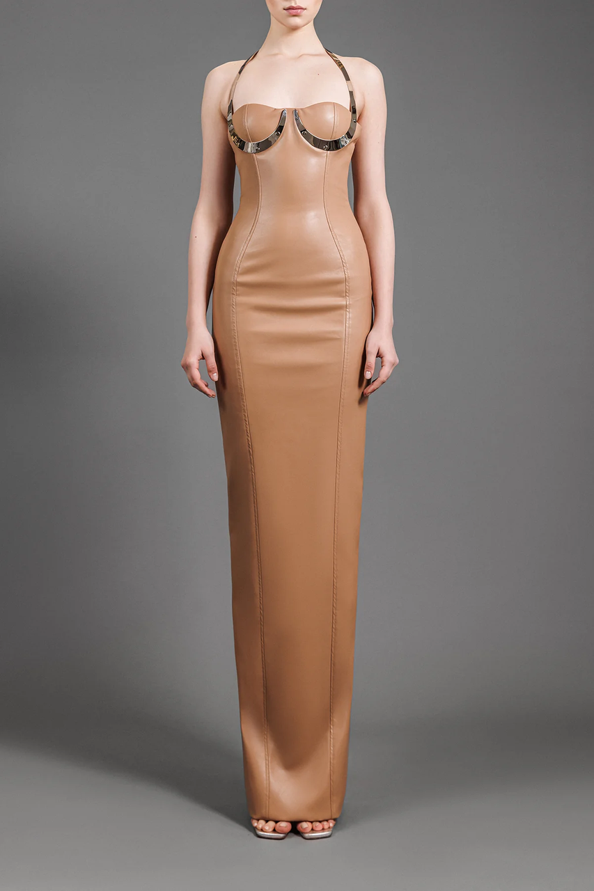 Jean Louis Sabaji Halter Neck Leather Gown (US 16)