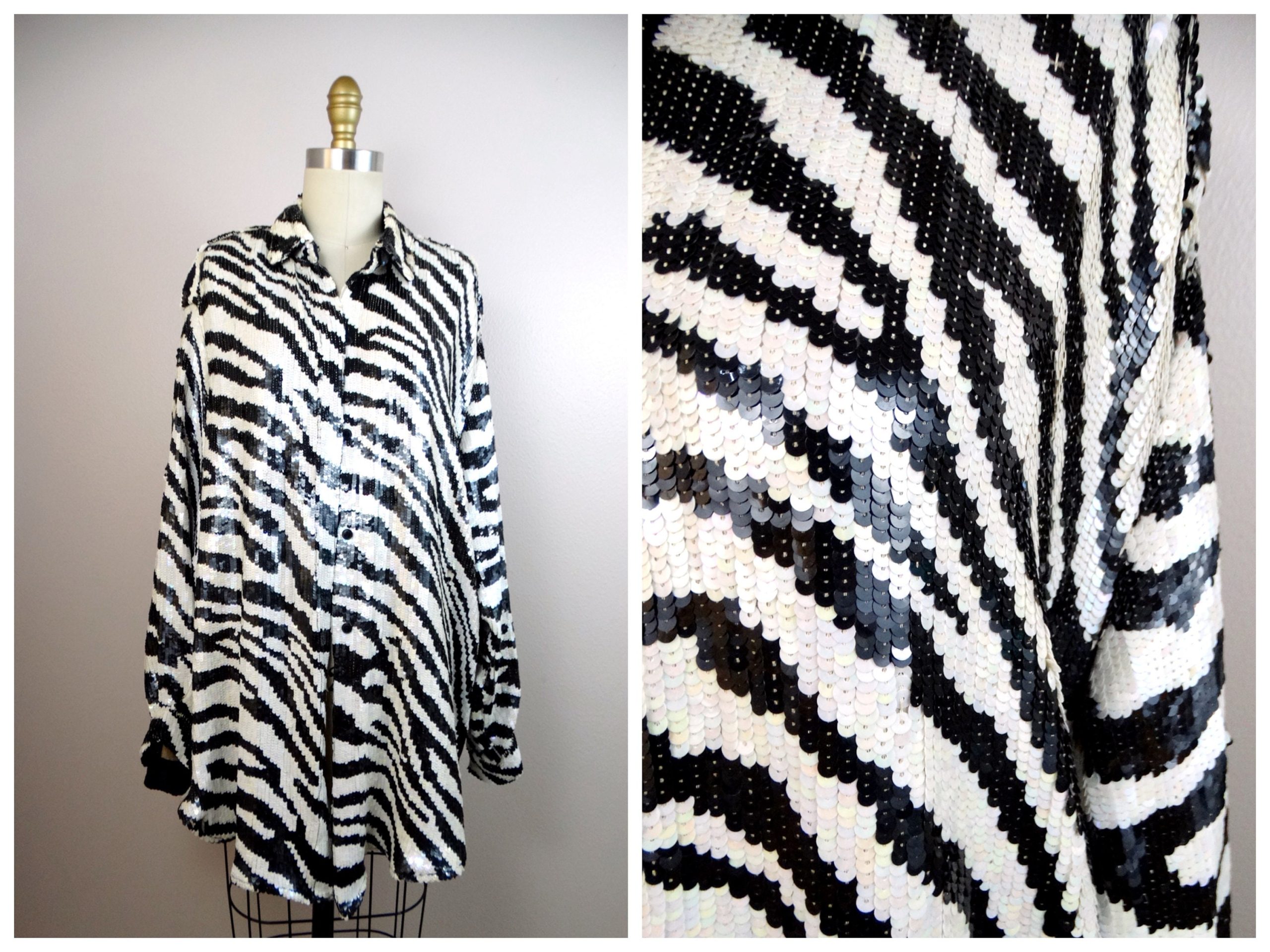 Jeanette For St. Martin Sequin Button Down Tunic // 80S Vintage Black & White Zebra Print Embellished Long Top Or Mini Dress