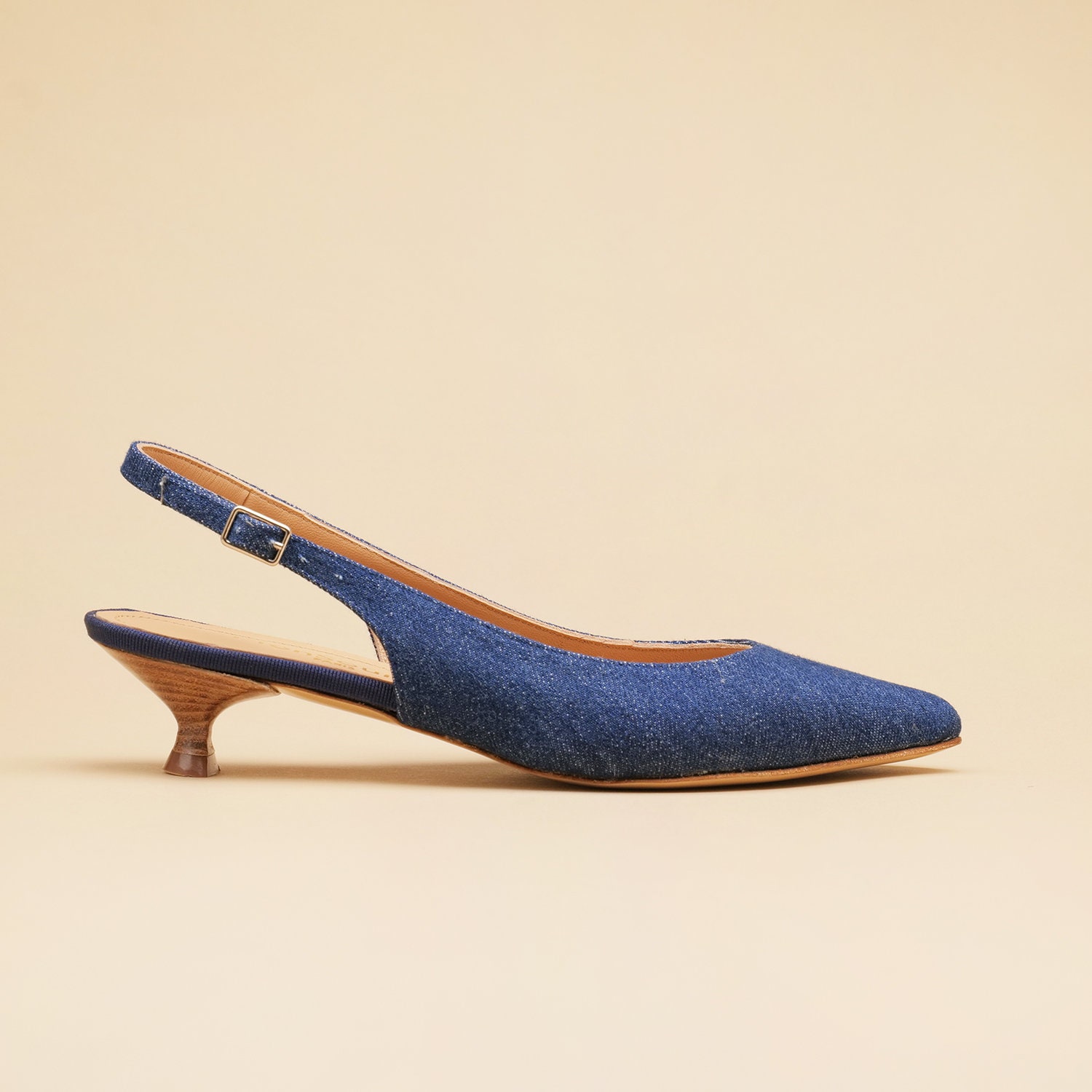 Jeans Kitten Hell Slingback, Navy Jeans Heel Blue Pointy Slingback Low Pump