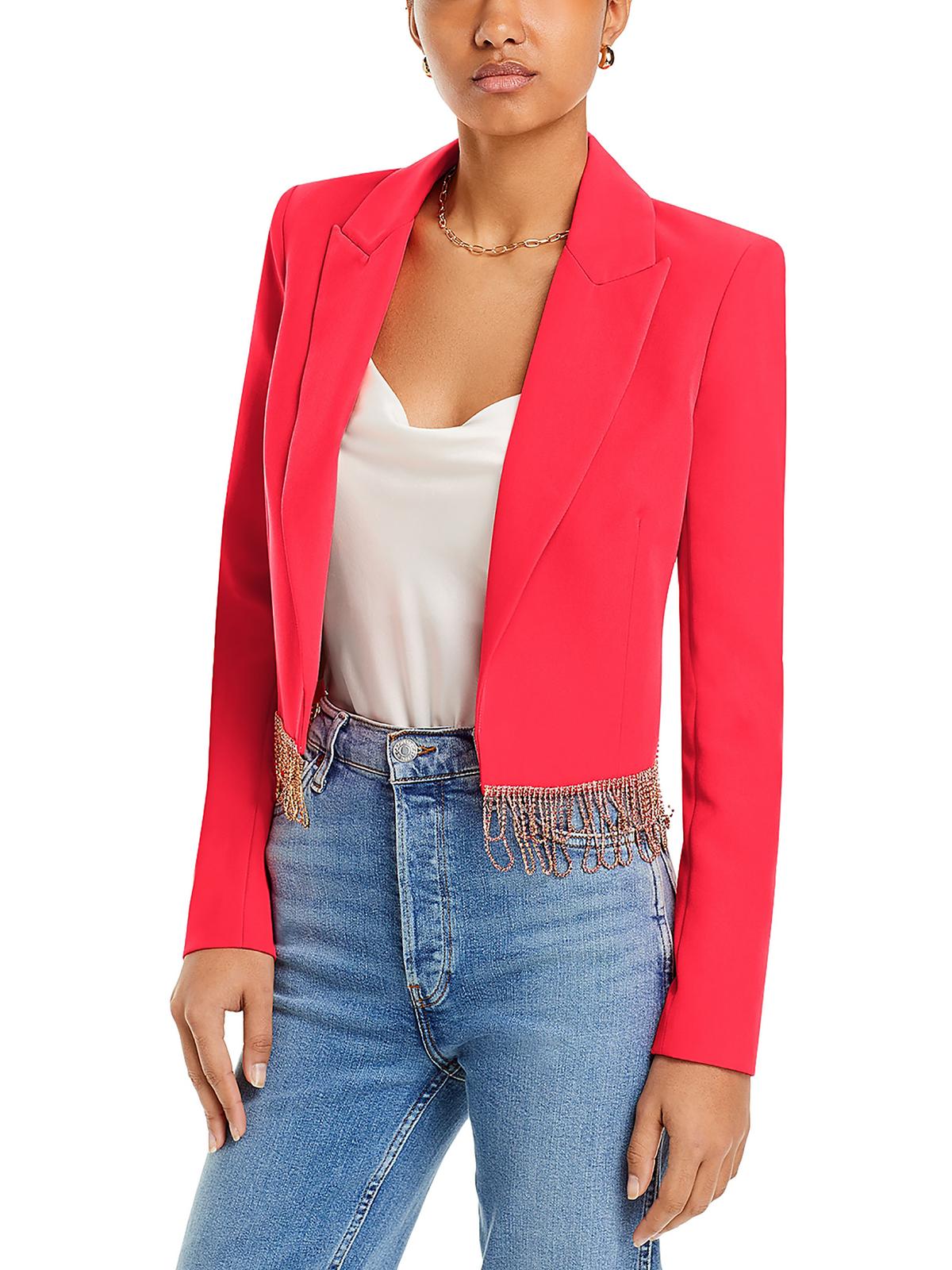 Jen Womens Crystal Fringe Cropped Open-Front Blazer