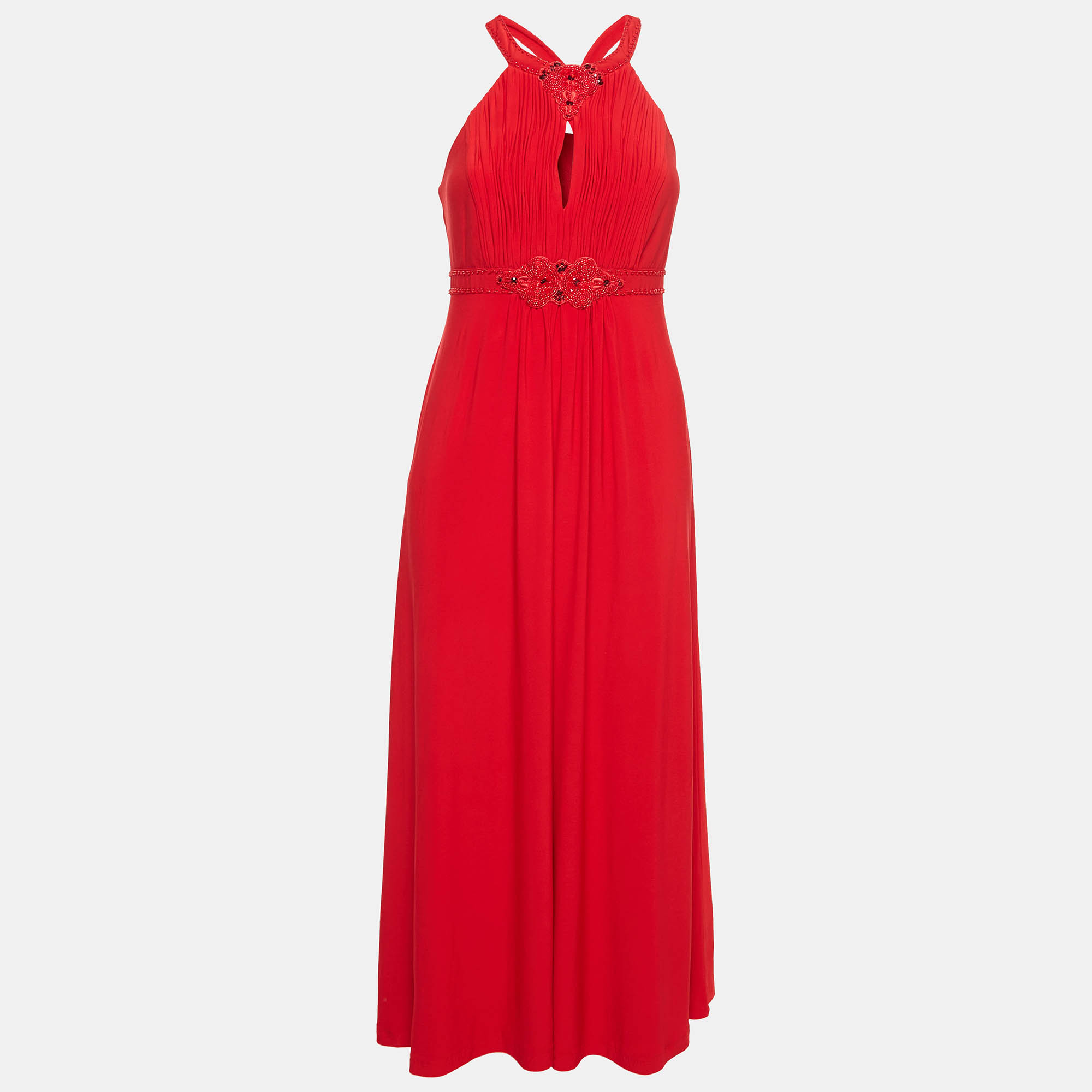 Jenny Packham Red Beaded Jersey Halter Neck Maxi Dress L