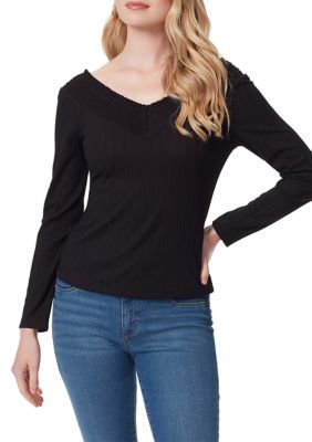 Jessica Simpson Myra Lace Ribbed Knit Top, Black, XS