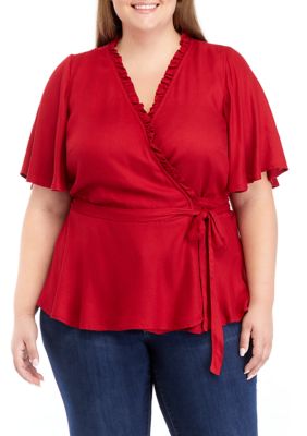 Jessica Simpson Women's Plus Size Misha Wrap Top, Red, 1X