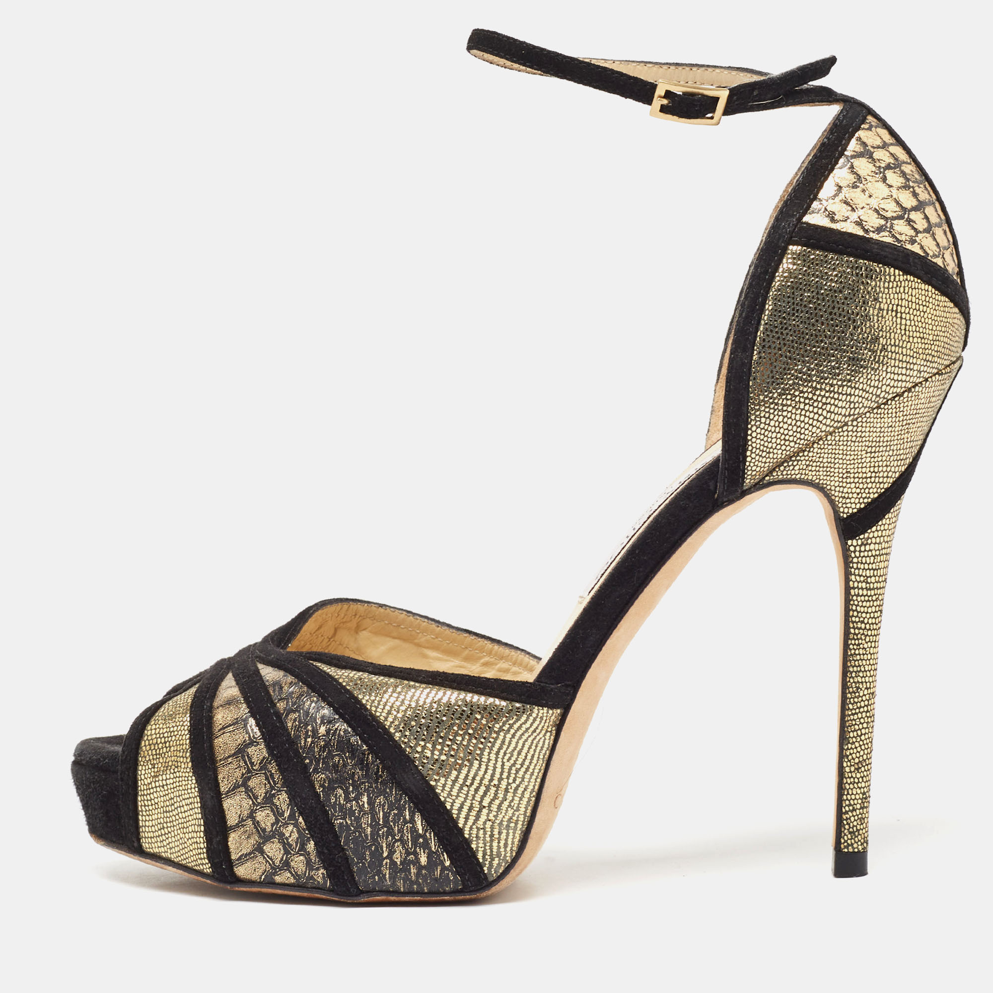 Jimmy Choo Black Suede and Gold Python Leather Kalpa Ankle Strap Sandals Size 39.5