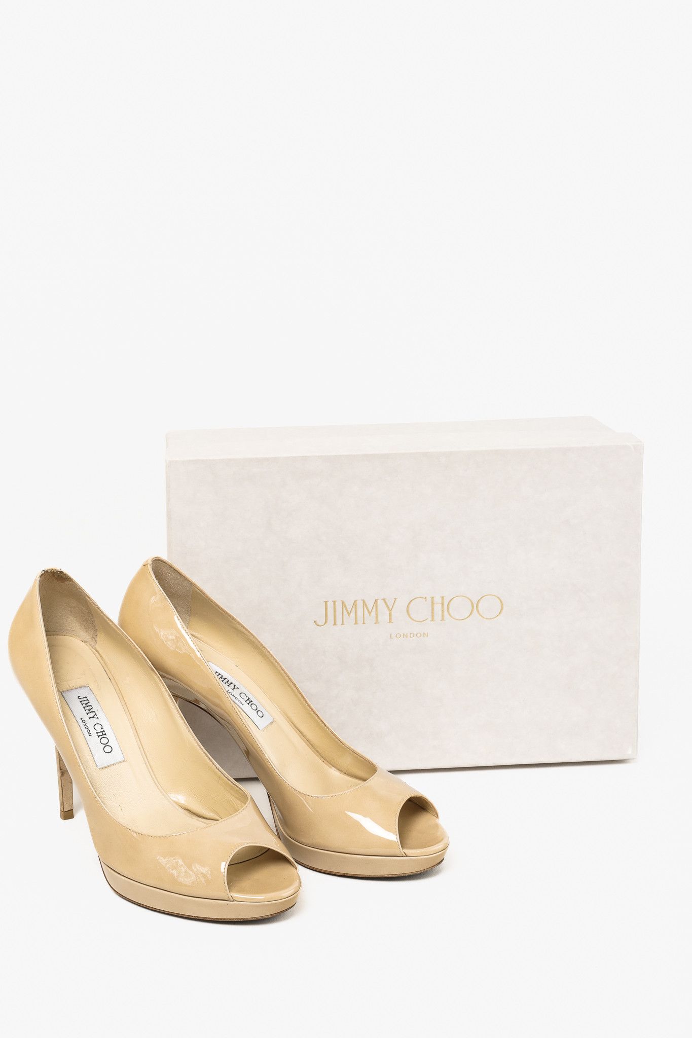 Jimmy Choo Luna Nude Patent Peep-Toe Heel Shoes, Women's (Size 9.5)