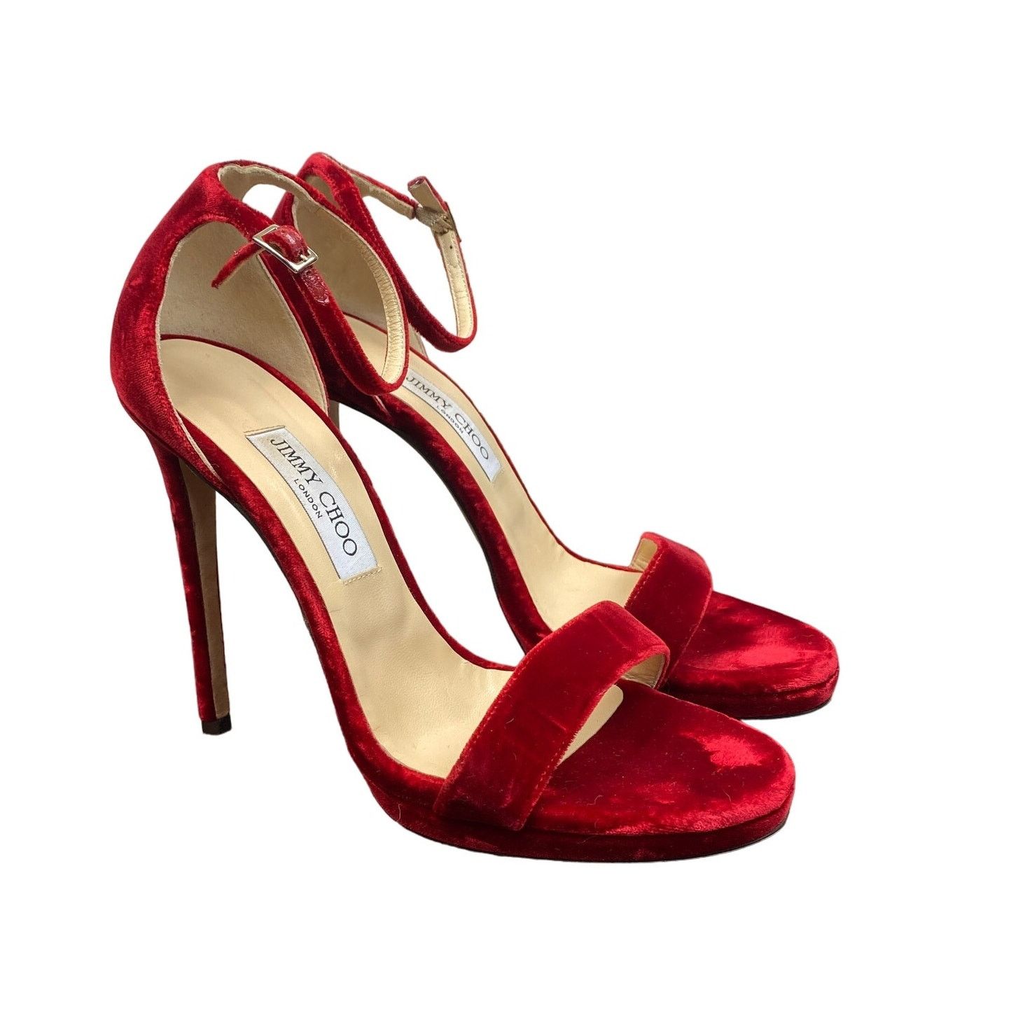 Jimmy Choo Misty Velvet Open Toe Stilettos Heel Shoes Womens 40.5 in Red (Size 10.5)