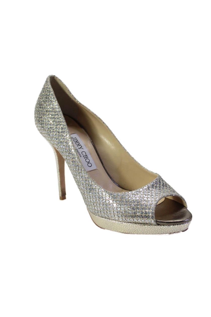 Jimmy Choo Womens Glittery Gold Textured Peep Toe Platform Pumps Shoes