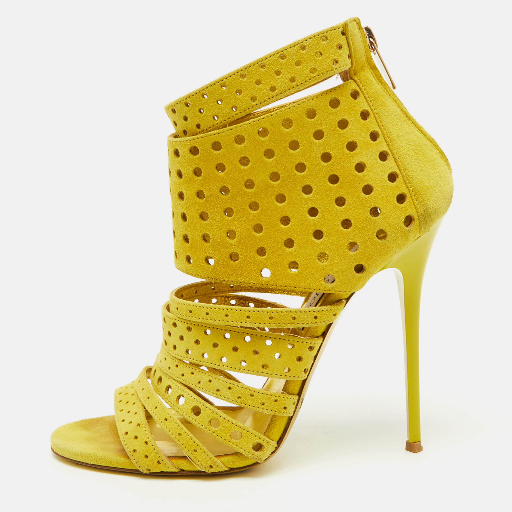 Jimmy Choo Yellow Perforated Suede Strappy Gladiator Sandals Size 38