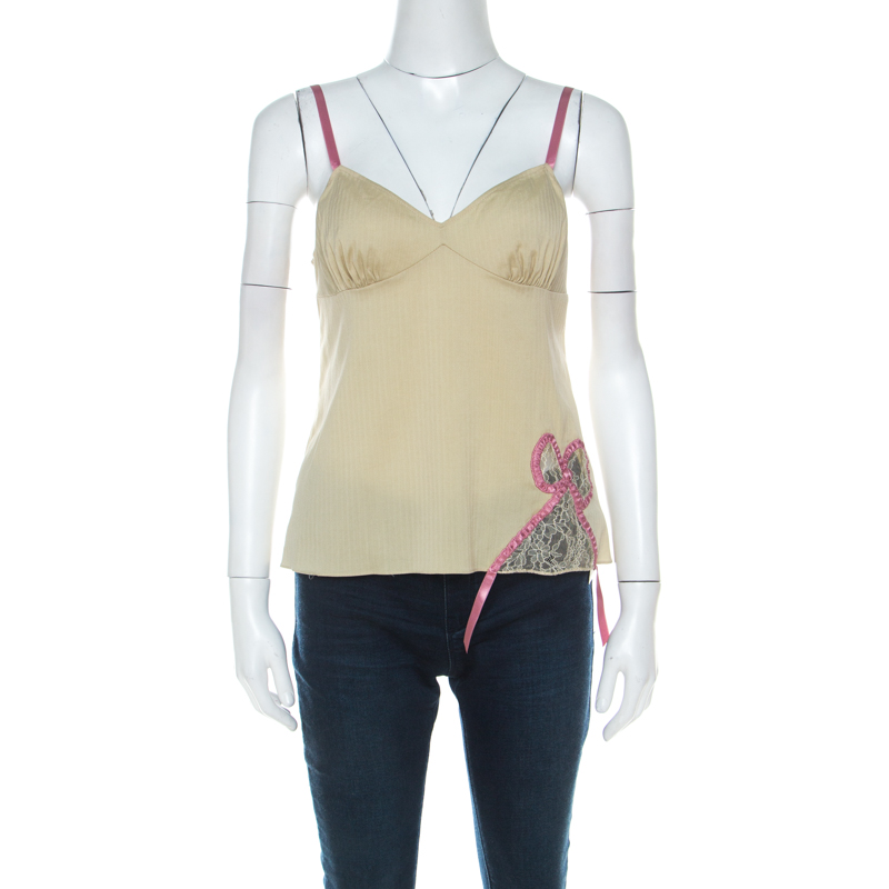 John Galliano Green Stretch Cotton and Lace Bow Detail Camisole Top M