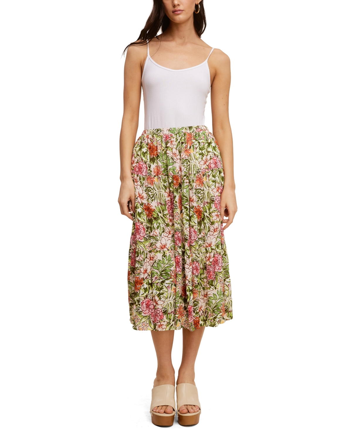 John Paul Richard Printed Tiered Midi Skirt Multi Tropical Print - White, Green Multi Print