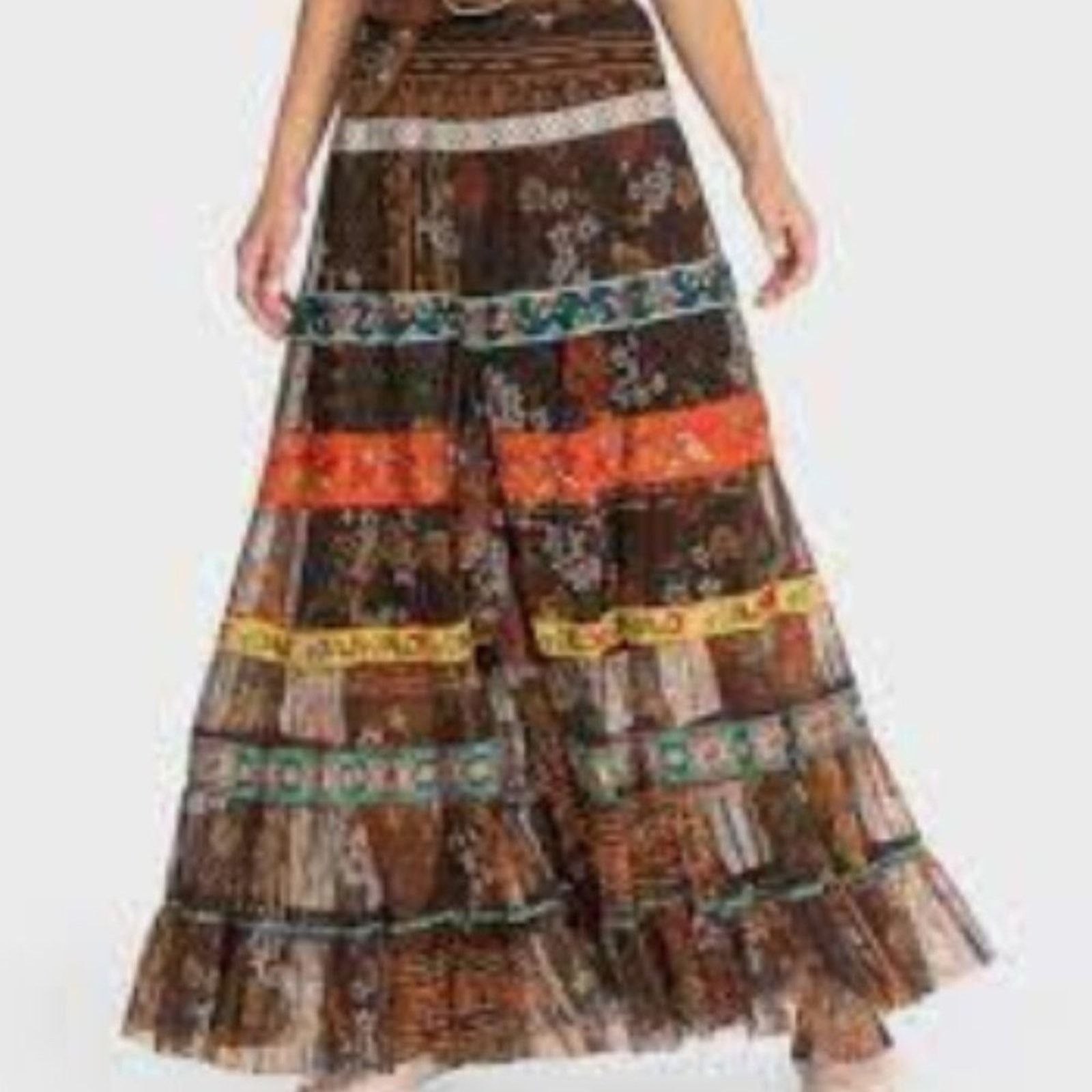 Johnny Was Wilhelmena Tiered Mesh Skirt Multi Colored XL in Brown, Women's (Size 38)