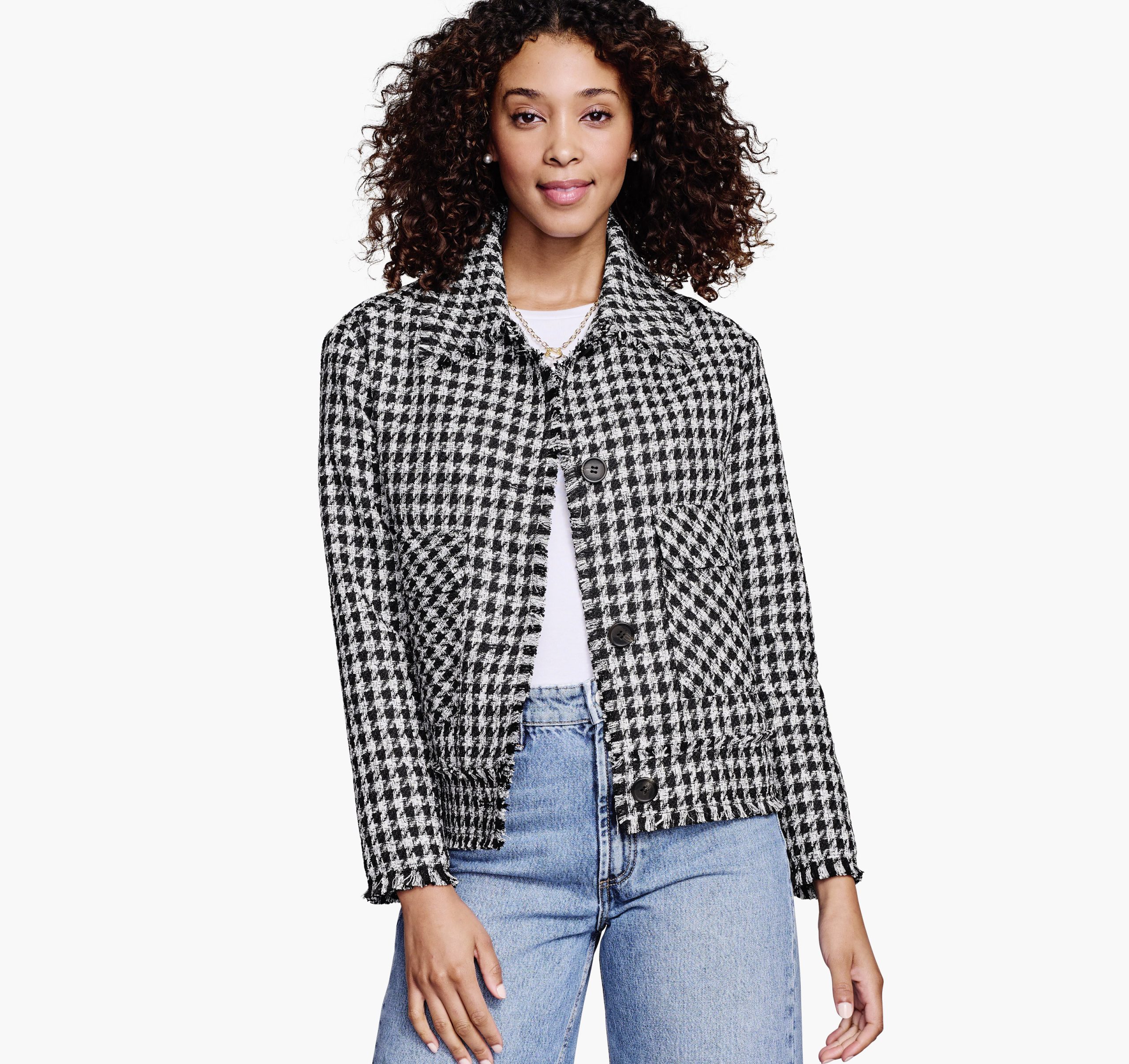 Johnston & Murphy Women's Raw-Edge Houndstooth Jacket - Black/White - Size M