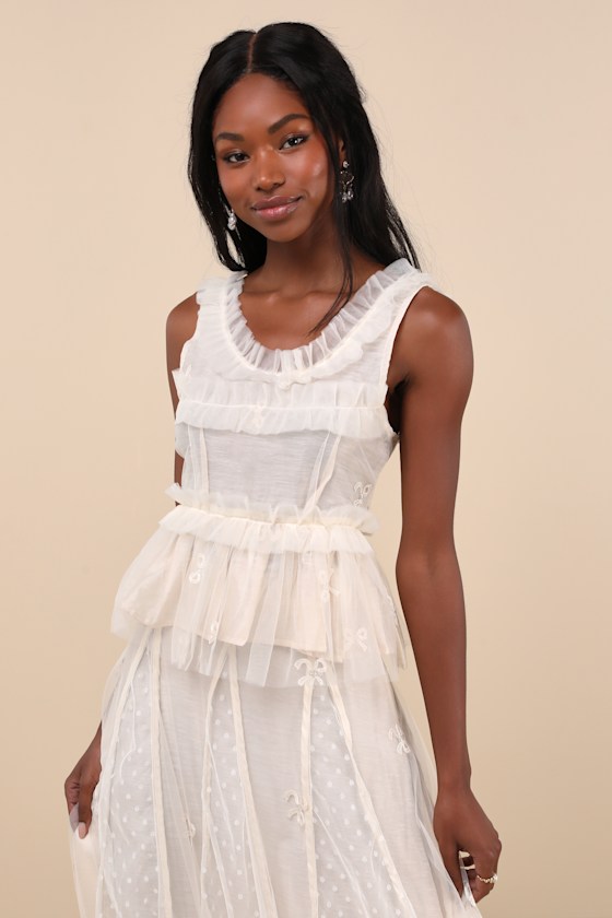 Jolene Ivory Tulle Ruffled Embroidered Bow Peplum Tank Top