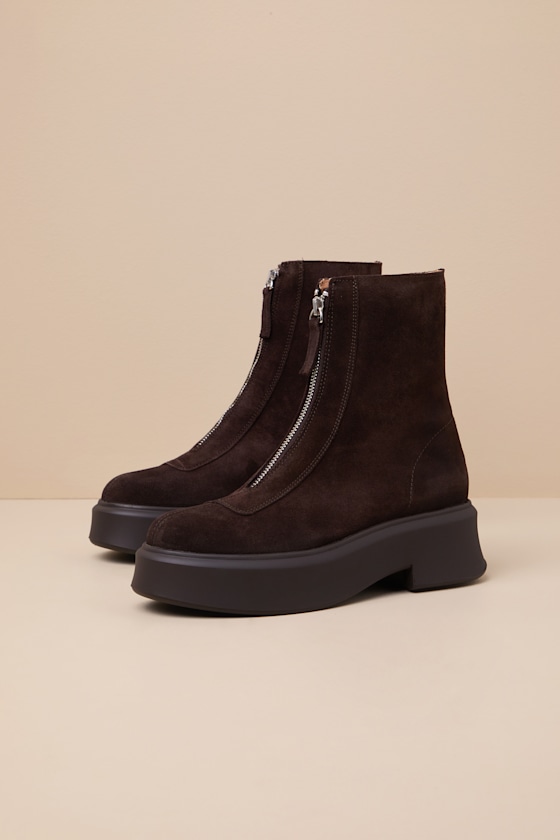 Jones Brown Suede Leather Zip-Front Platform Ankle Boots