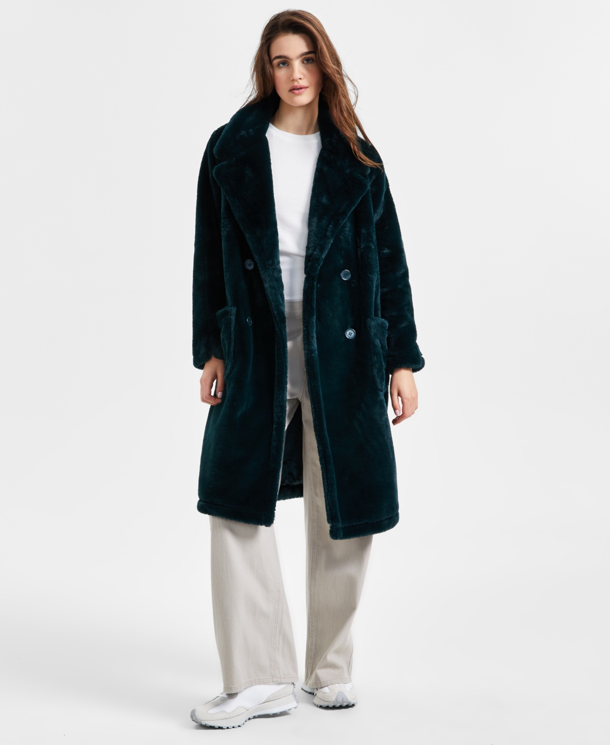 Jou Jou Juniors' Faux-Fur Double-Breasted Coat, Created for Macy's - Hunter Green