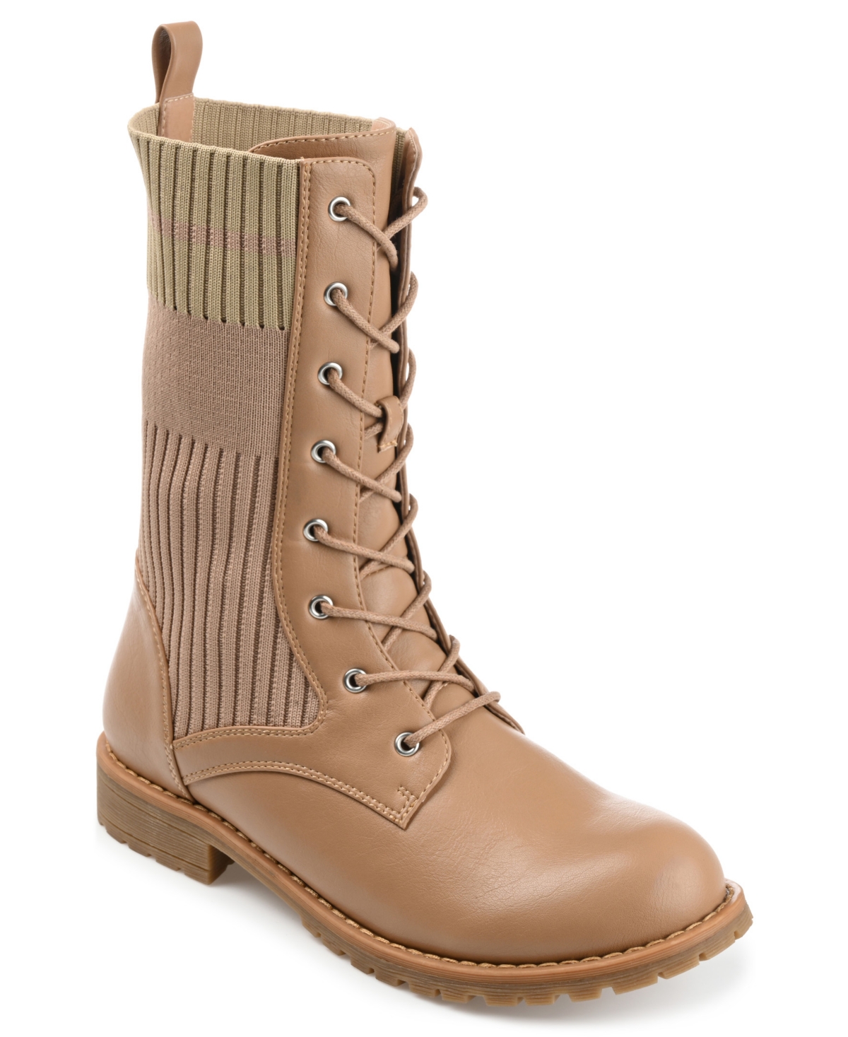 Journee Collection Women's Melei Knit Lace Up Lug Sole Combat Boots - Beige