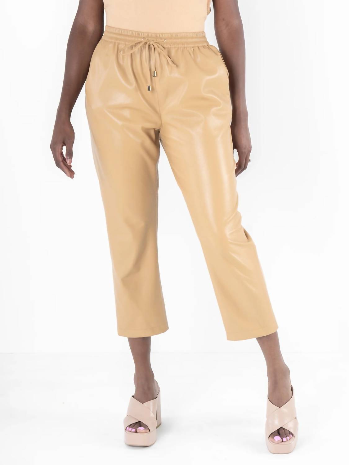 Joy Faux Leather Jogger Pants In Lark Beige