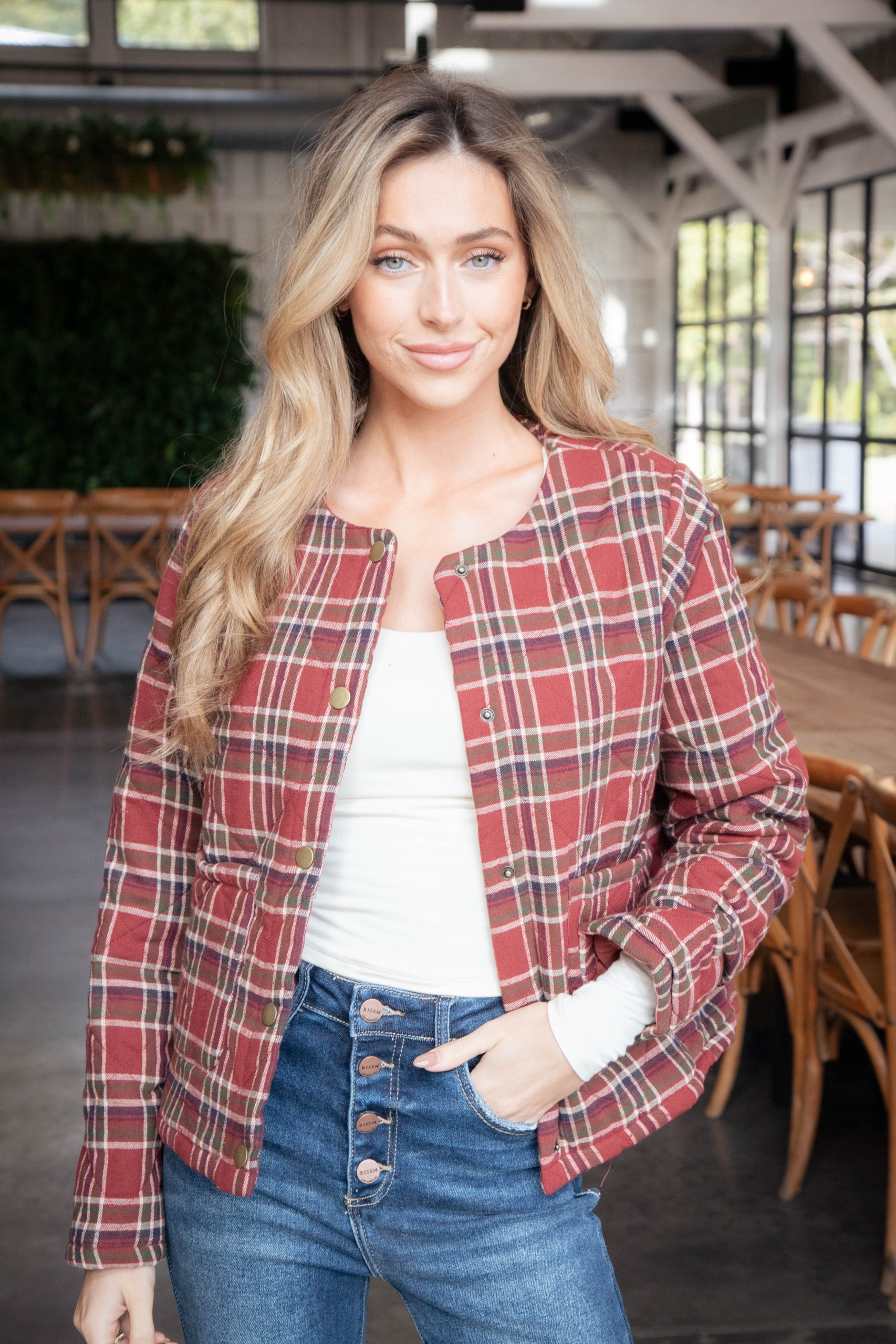 Judith Quilted Plaid Jacket Brick Red