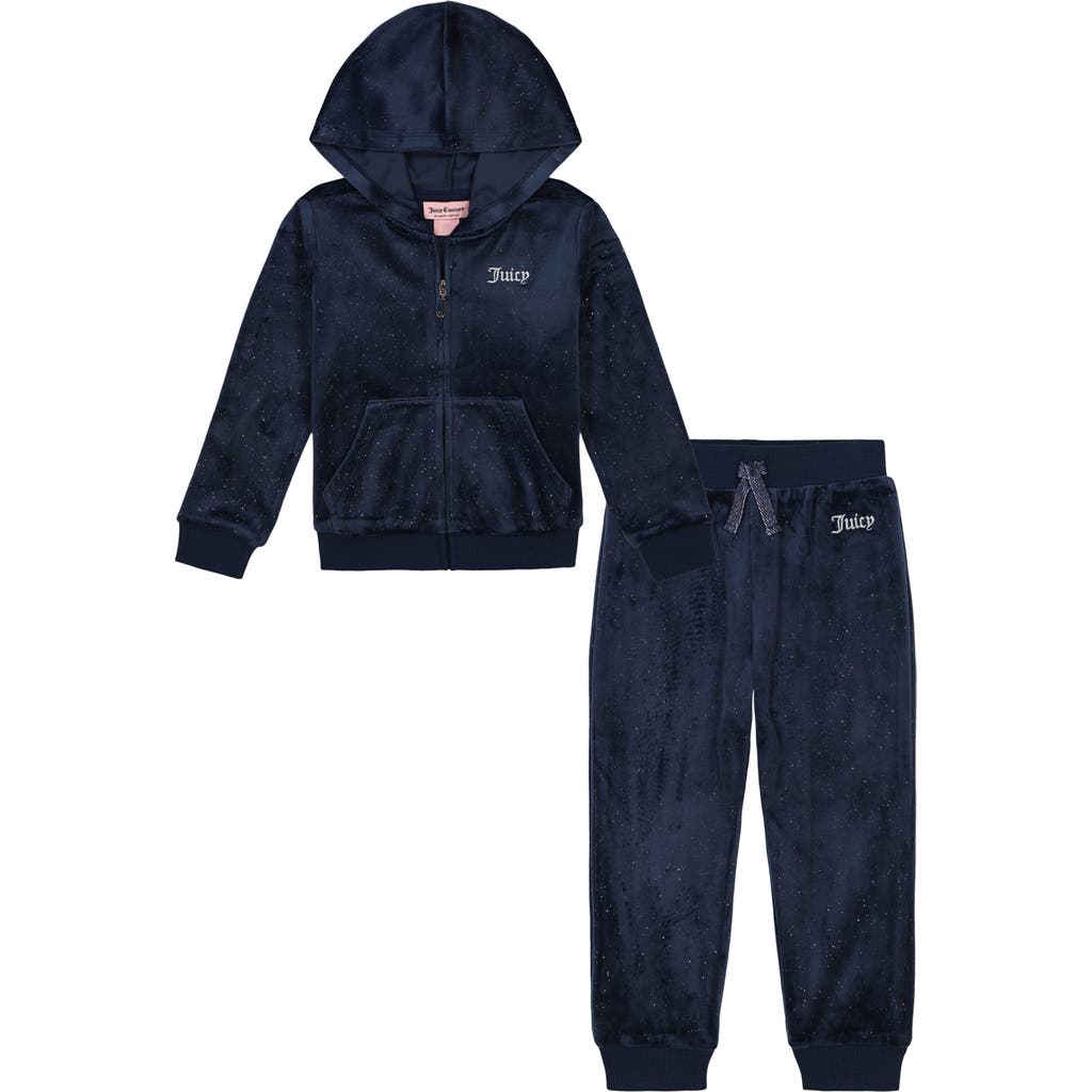 Juicy Couture Glitter Velour Logo Full Zip Hoodie & Joggers Set in Navy at Nordstrom Rack, Size 12M