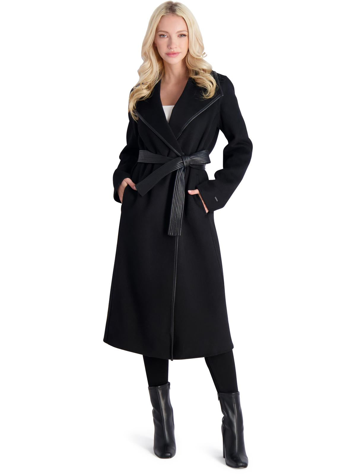 Juliette Womens Wool Blend Faux Leather Trim Wool Coat