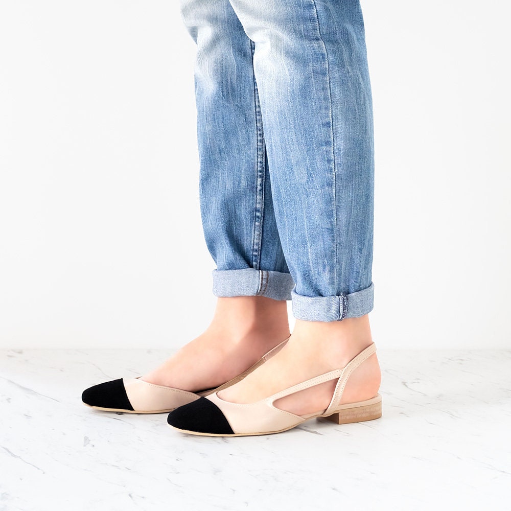 Julla - Leather Flats, Two-Tone Flats, Beige With Black Shoes, Leather Slingback, Closed Toe Slingback, Black Shoes, Women Flats