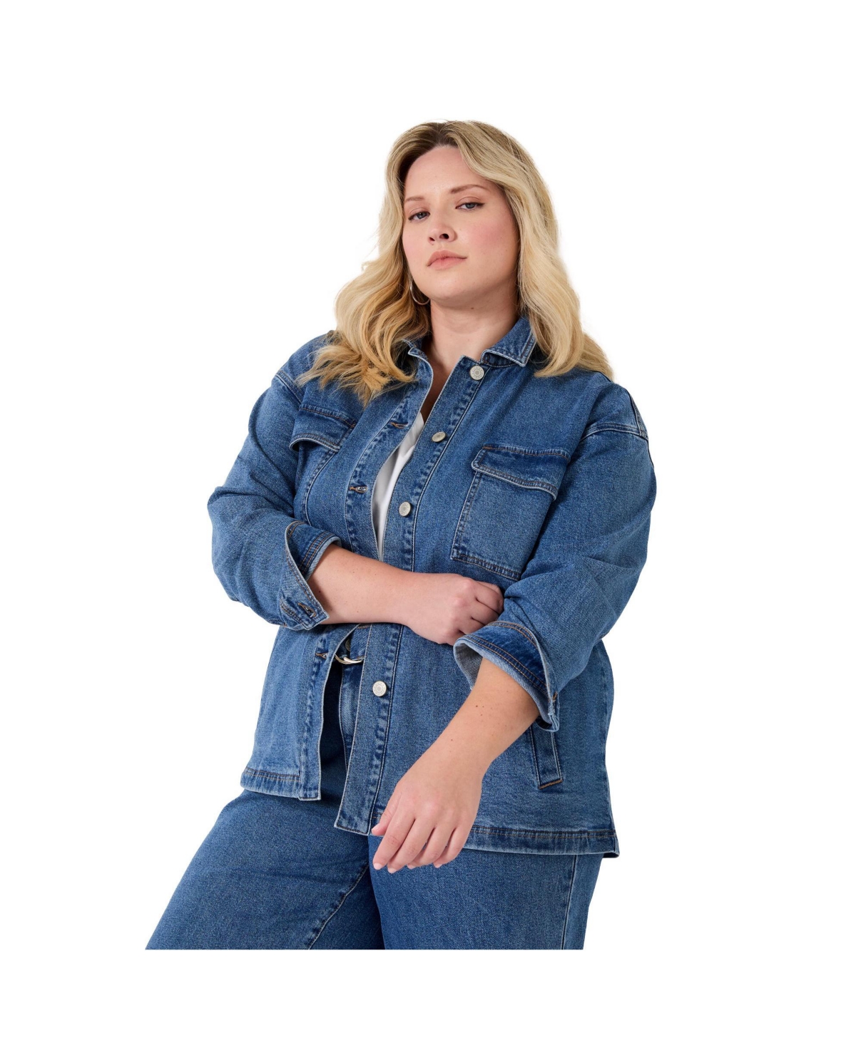 June + Vie Women's Plus Size Denim Utility Jacket - Vintage medium wash